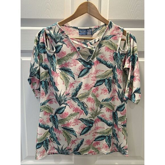 CARIBBEAN JOE WOMEN'S Medium Cold Shoulder Palm Trees - Picture 3 of 6